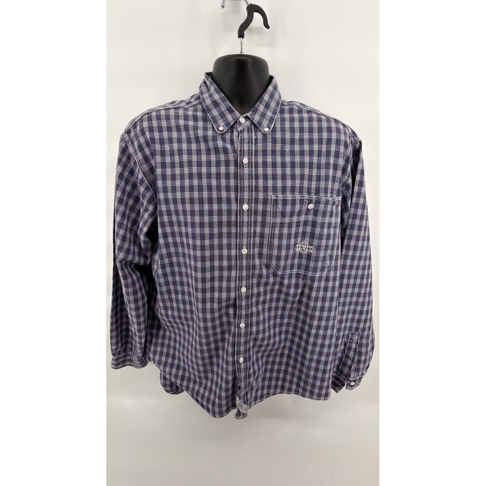 VTG Levis Real‎ Indigo Plaid Button Down Shirt Mens L 90s Grunge Gorpcore Blue
